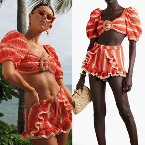 PatBo Striped Crochet Knit Puff Sleeve Orange Cropped Top Size 4